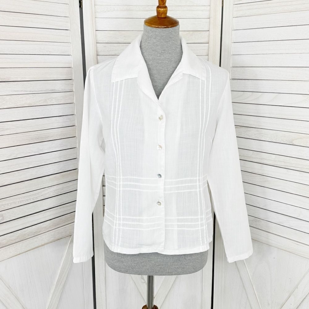 AKS Amy K Su Tencel Shirt Sheer‎ Crop Button Front Pintuck Check White Small